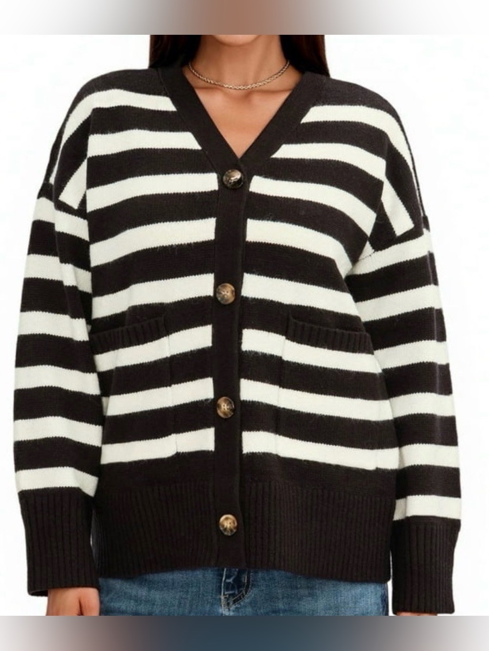 PrettyGarden Women Heavyweight Front Buttoning Cardigan Large Black & White NWT